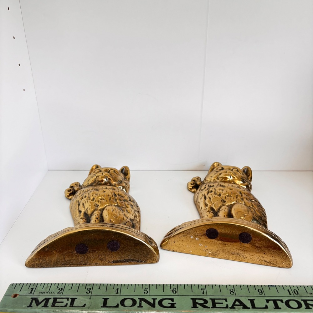Vintage Brass Cat Bookends Set Heavy Gold Tone Sitting Tabby Feline Decor - Picture 7 of 8